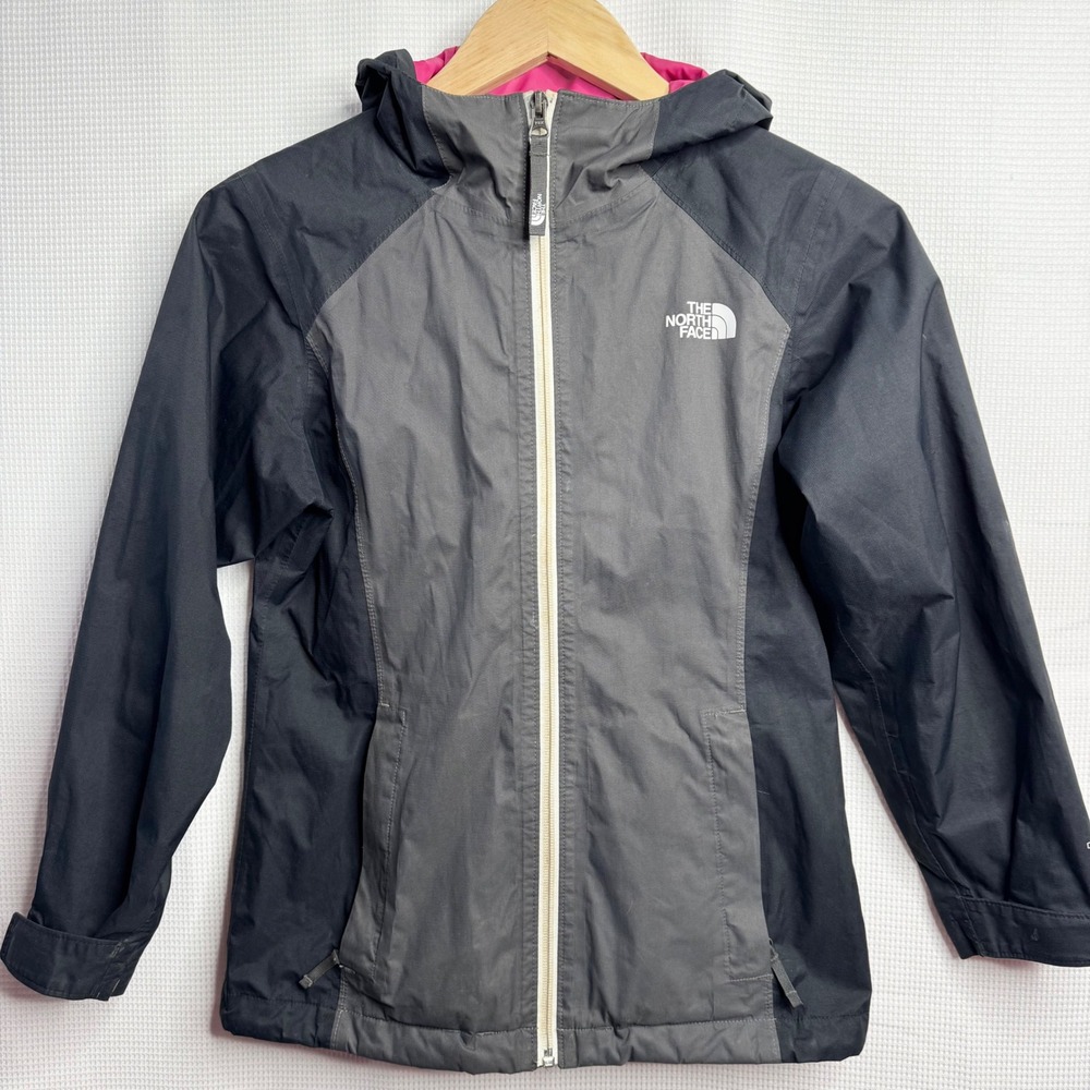 The North Face Girls DryVent Hooded Rain Jacket Gray Black Pink Size M 10/12